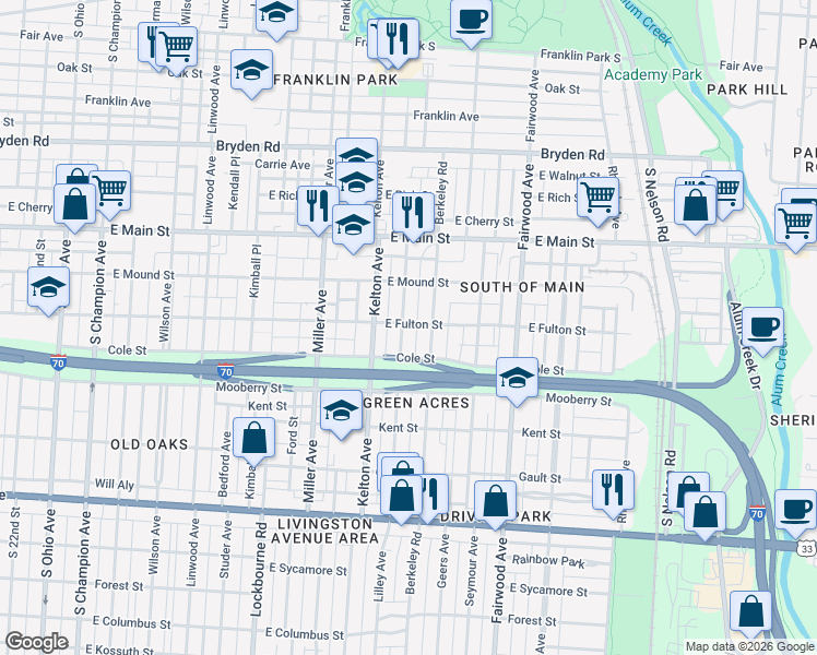 map of restaurants, bars, coffee shops, grocery stores, and more near 554 Lilley Avenue in Columbus