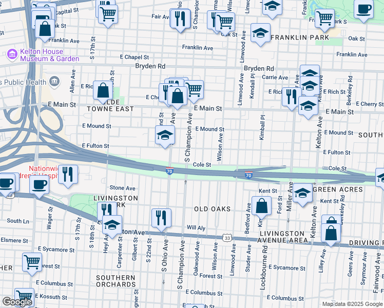map of restaurants, bars, coffee shops, grocery stores, and more near 486 South Champion Avenue in Columbus