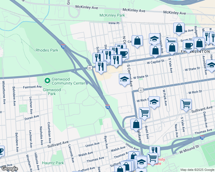 map of restaurants, bars, coffee shops, grocery stores, and more near 1547 West Broad Street in Columbus