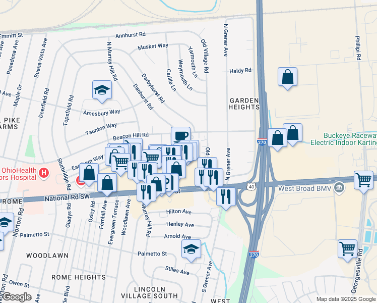 map of restaurants, bars, coffee shops, grocery stores, and more near 132 Tarryton Court East in Columbus