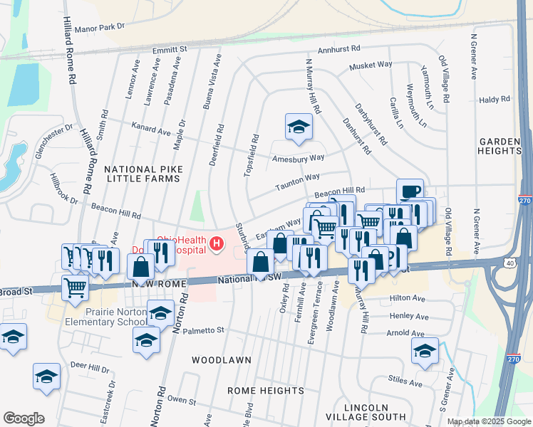 map of restaurants, bars, coffee shops, grocery stores, and more near 4991 Taunton Way in Columbus