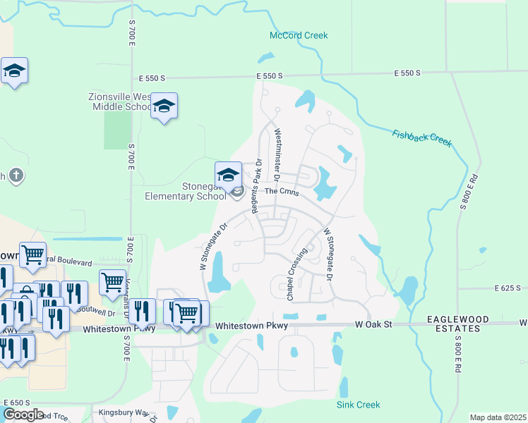 map of restaurants, bars, coffee shops, grocery stores, and more near 7627 West Stonegate Drive in Zionsville
