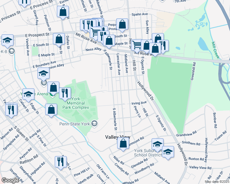 map of restaurants, bars, coffee shops, grocery stores, and more near 996 Lancaster Avenue in York