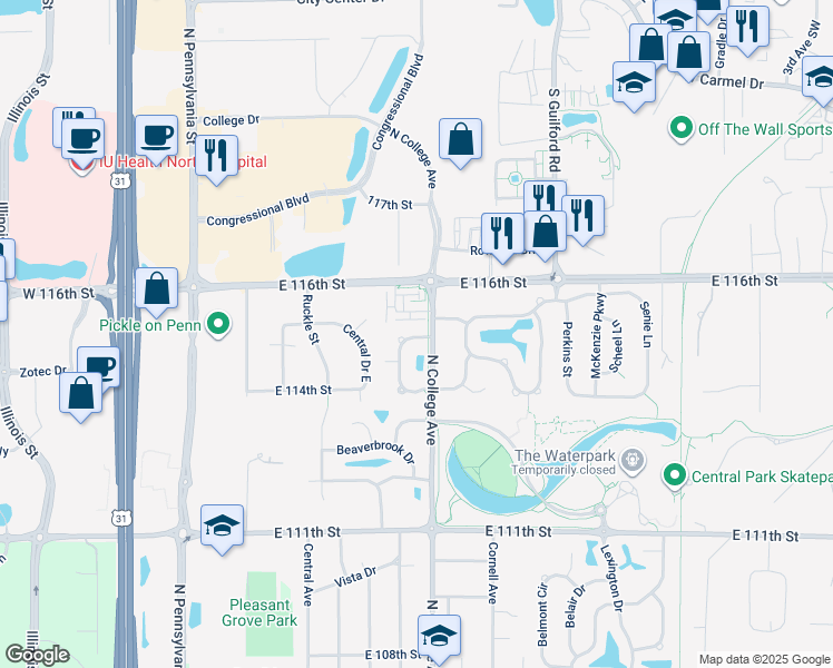 map of restaurants, bars, coffee shops, grocery stores, and more near 11546 Applewood Cir in Carmel