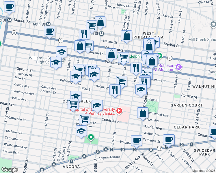 map of restaurants, bars, coffee shops, grocery stores, and more near 5513 Spruce Street in Philadelphia