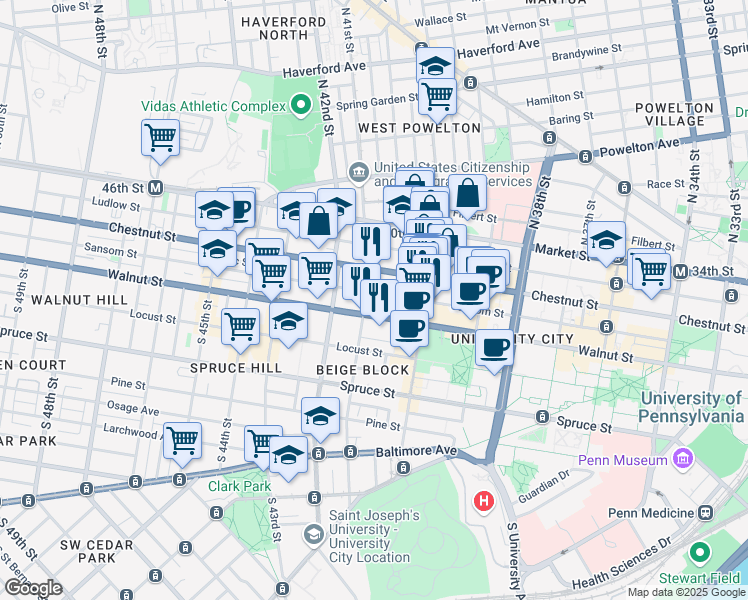 map of restaurants, bars, coffee shops, grocery stores, and more near 123 South 41st Street in Philadelphia