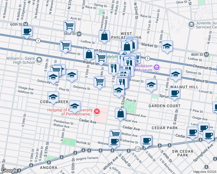 map of restaurants, bars, coffee shops, grocery stores, and more near Spruce Street in Philadelphia