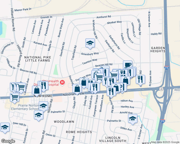 map of restaurants, bars, coffee shops, grocery stores, and more near 4924 Eastham Way in Columbus