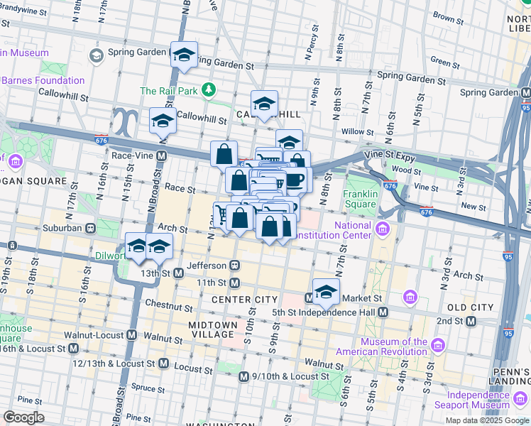 map of restaurants, bars, coffee shops, grocery stores, and more near 1001 Race Street in Philadelphia