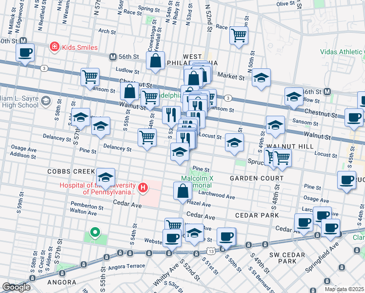 map of restaurants, bars, coffee shops, grocery stores, and more near 5221 Spruce Street in Philadelphia