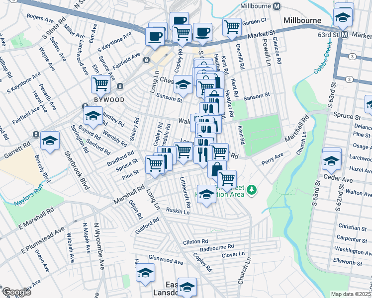 map of restaurants, bars, coffee shops, grocery stores, and more near 338 Maypole Road in Upper Darby