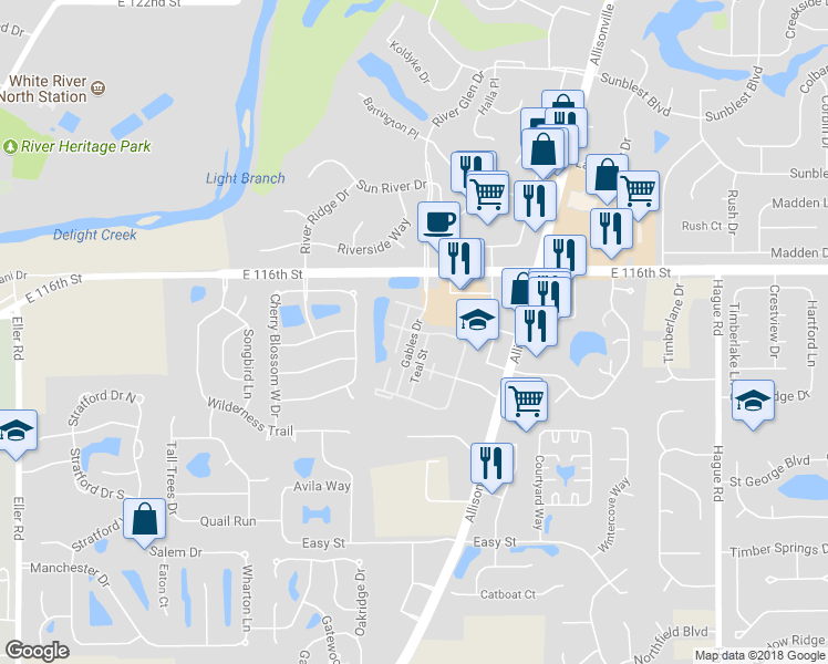 map of restaurants, bars, coffee shops, grocery stores, and more near 11498 Gables Drive in Fishers