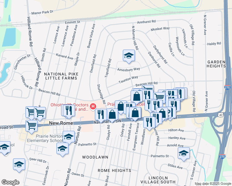 map of restaurants, bars, coffee shops, grocery stores, and more near 4987 Beacon Hill Road in Columbus