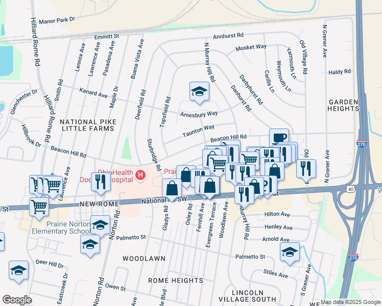 map of restaurants, bars, coffee shops, grocery stores, and more near 4939 Beacon Hill Road in Columbus