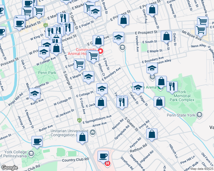 map of restaurants, bars, coffee shops, grocery stores, and more near 219 East Cottage Place in York