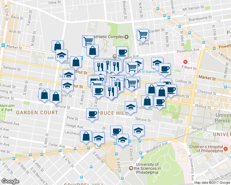 map of restaurants, bars, coffee shops, grocery stores, and more near 4314 Walnut Street in Philadelphia