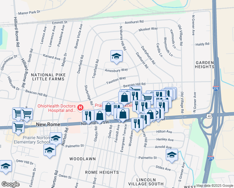 map of restaurants, bars, coffee shops, grocery stores, and more near 4920 Eastham Way in Columbus