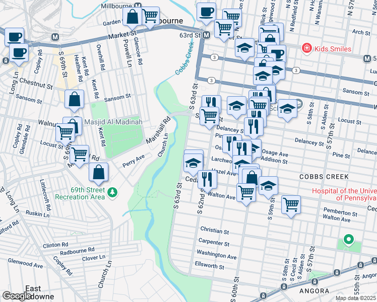 map of restaurants, bars, coffee shops, grocery stores, and more near 6248 Osage Avenue in Philadelphia