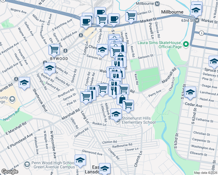 map of restaurants, bars, coffee shops, grocery stores, and more near 249 Maypole Road in Delaware County