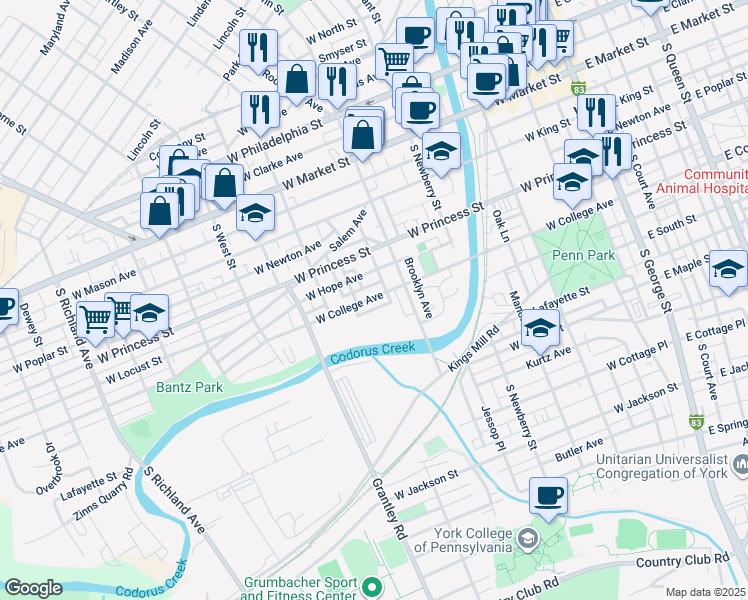 map of restaurants, bars, coffee shops, grocery stores, and more near 442 West College Avenue in York