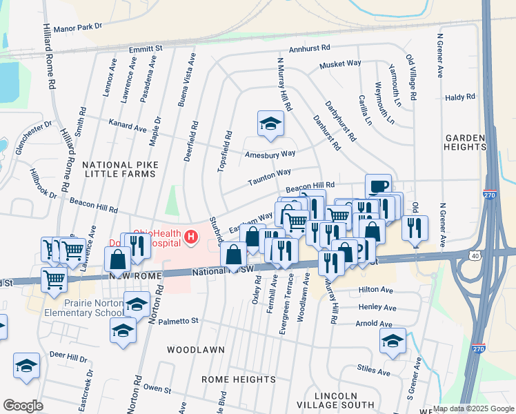 map of restaurants, bars, coffee shops, grocery stores, and more near 4953 Beacon Hill Road in Columbus