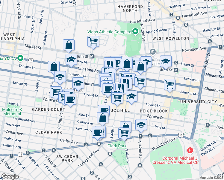 map of restaurants, bars, coffee shops, grocery stores, and more near 4412 Walnut Street in Philadelphia