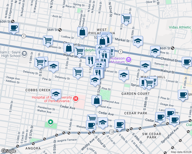 map of restaurants, bars, coffee shops, grocery stores, and more near 5223 Spruce Street in Philadelphia
