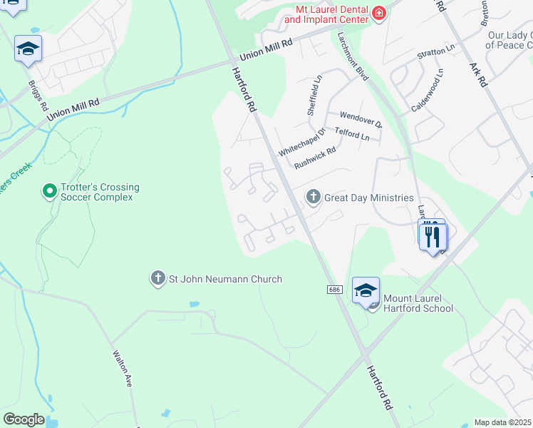 map of restaurants, bars, coffee shops, grocery stores, and more near 288B Everly Court in Mount Laurel Township