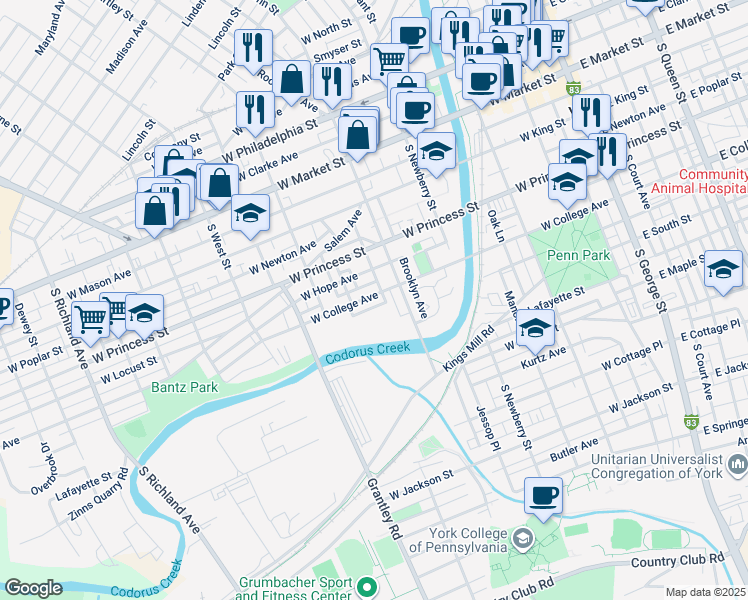 map of restaurants, bars, coffee shops, grocery stores, and more near 436 West College Avenue in York