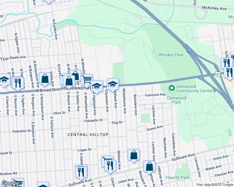 map of restaurants, bars, coffee shops, grocery stores, and more near 2141 West Broad Street in Columbus