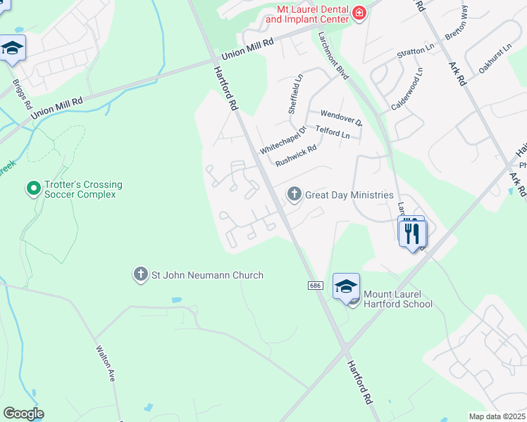 map of restaurants, bars, coffee shops, grocery stores, and more near 262B Everly Court in Mount Laurel Township