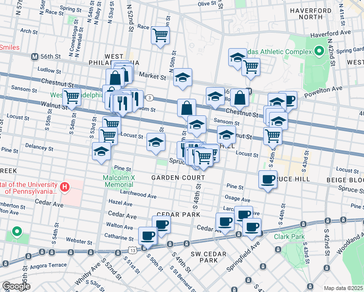 map of restaurants, bars, coffee shops, grocery stores, and more near 4918 Chancellor Street in Philadelphia
