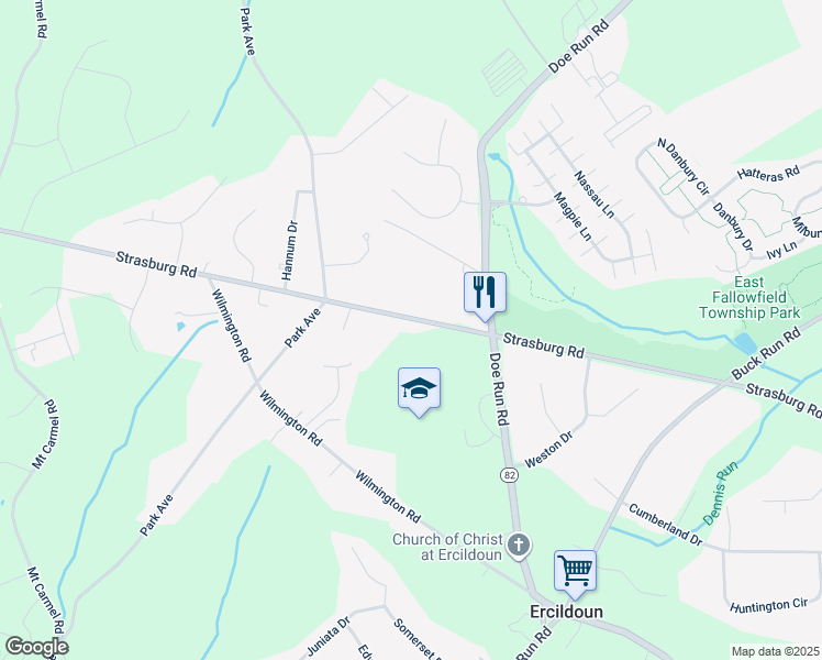 map of restaurants, bars, coffee shops, grocery stores, and more near 2650 Strasburg Road in Coatesville