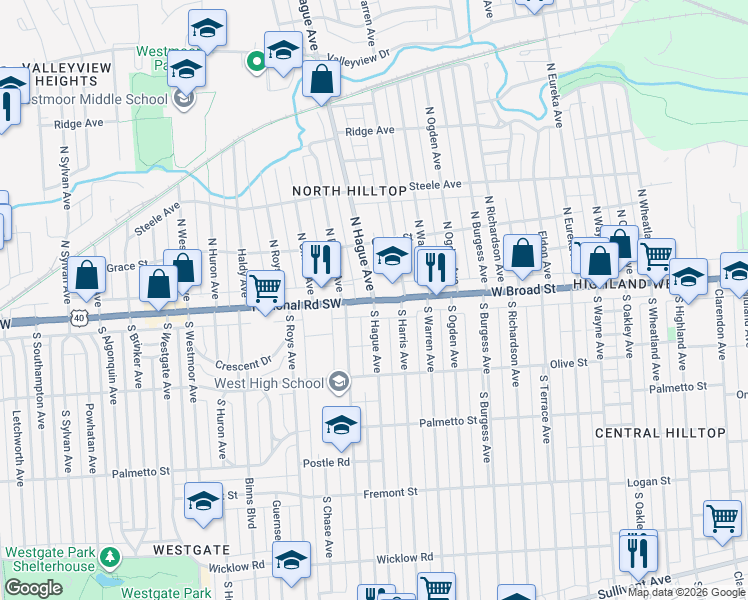 map of restaurants, bars, coffee shops, grocery stores, and more near W Broad St & N Hague Ave in Columbus