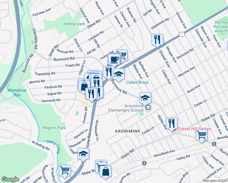 map of restaurants, bars, coffee shops, grocery stores, and more near 5008 Fairway Road in Drexel Hill