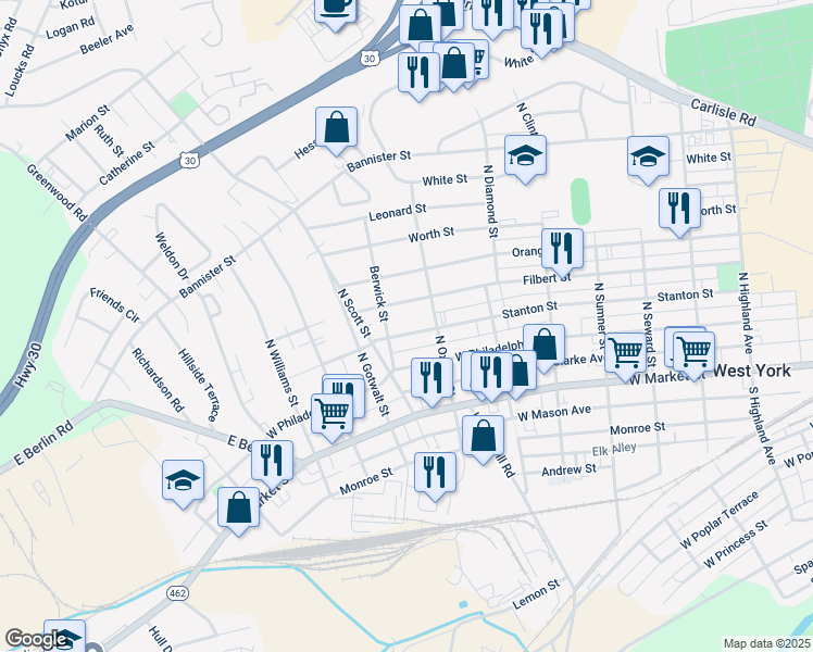 map of restaurants, bars, coffee shops, grocery stores, and more near 2011 Stanton Street in York