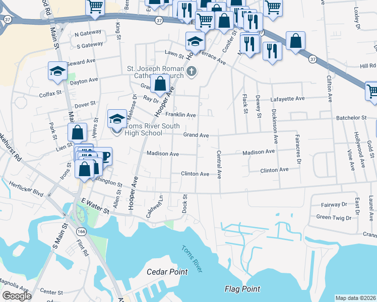 map of restaurants, bars, coffee shops, grocery stores, and more near 35 Grand Avenue in Toms River