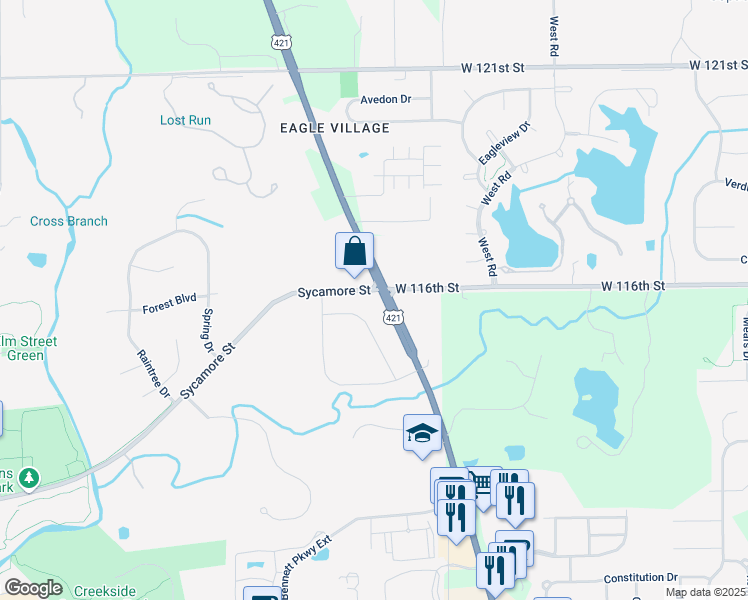 map of restaurants, bars, coffee shops, grocery stores, and more near 11602 North Michigan Road in Zionsville