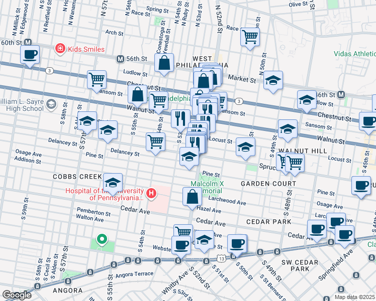 map of restaurants, bars, coffee shops, grocery stores, and more near 5231 Spruce Street in Philadelphia