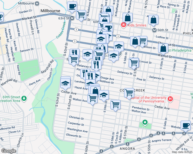 map of restaurants, bars, coffee shops, grocery stores, and more near 422 South 60th Street in Philadelphia