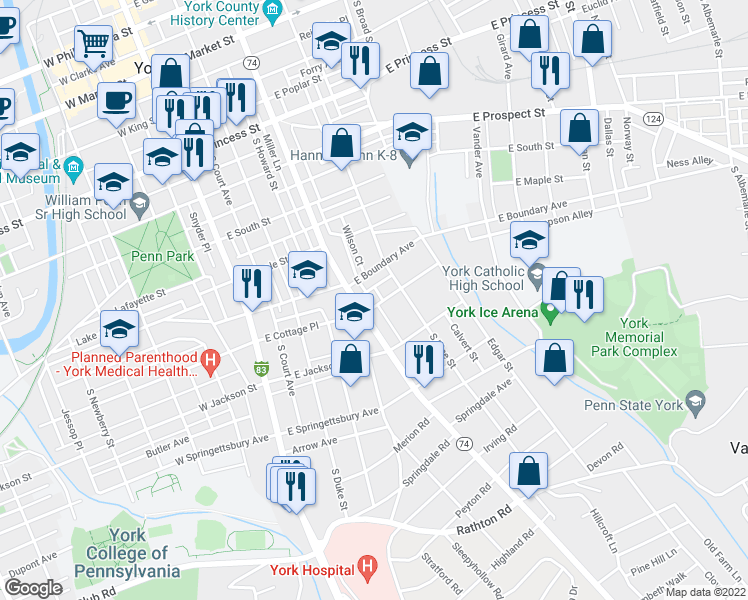 map of restaurants, bars, coffee shops, grocery stores, and more near 221 East Cottage Place in York