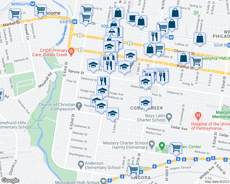 map of restaurants, bars, coffee shops, grocery stores, and more near 5925 Osage Avenue in Philadelphia
