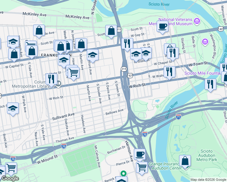 map of restaurants, bars, coffee shops, grocery stores, and more near 204 South Davis Avenue in Columbus
