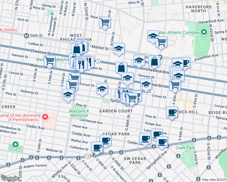 map of restaurants, bars, coffee shops, grocery stores, and more near 4920 Locust Street in Philadelphia