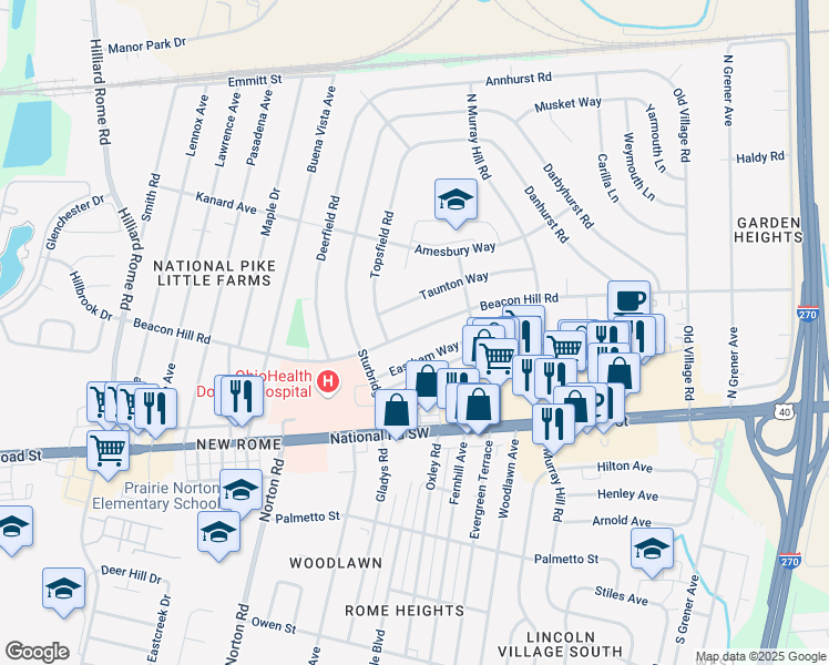 map of restaurants, bars, coffee shops, grocery stores, and more near 4981 Beacon Hill Road in Columbus