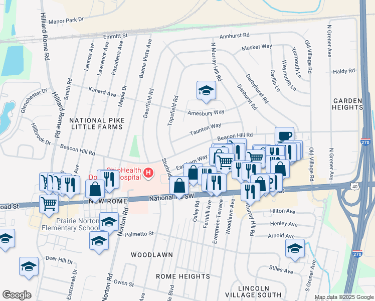 map of restaurants, bars, coffee shops, grocery stores, and more near 4975 Beacon Hill Road in Columbus