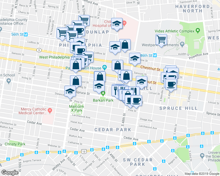 map of restaurants, bars, coffee shops, grocery stores, and more near 4920 Locust Street in Philadelphia