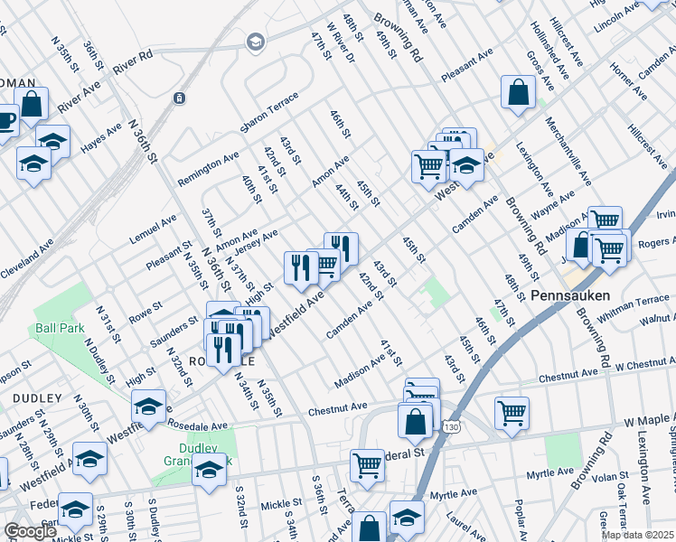 map of restaurants, bars, coffee shops, grocery stores, and more near 320 North 41st Street in Pennsauken Township