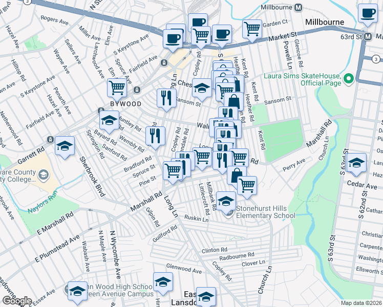 map of restaurants, bars, coffee shops, grocery stores, and more near 301 Hampden Road in Delaware County