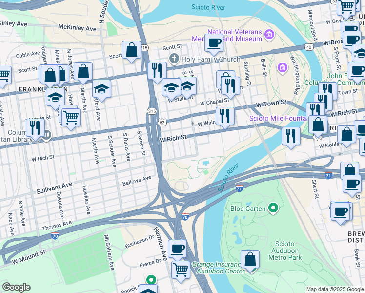map of restaurants, bars, coffee shops, grocery stores, and more near in Columbus